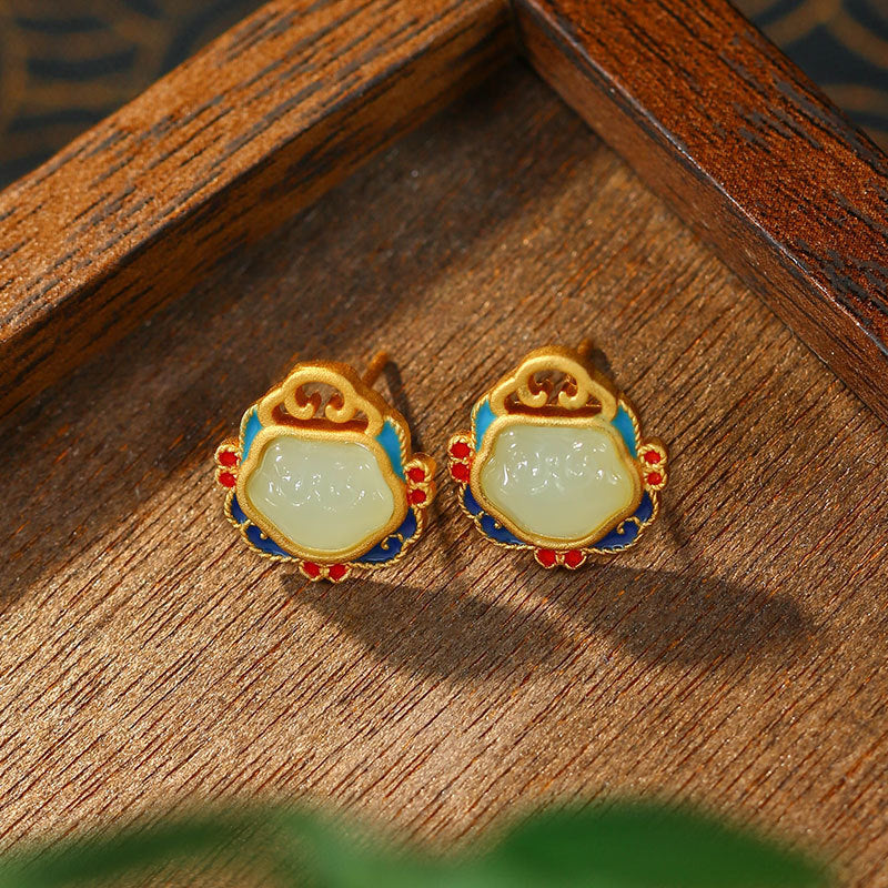 Elyuan Ancient Method Gold Plated 925 Silver Imitation Hetian Jade Xiangyun Ruyi Peace Lock Earrings