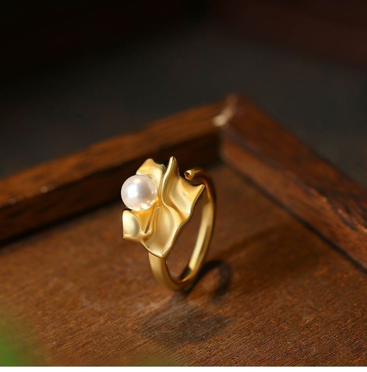 Exaggerated Metal Fold Style Pearl Open Ring for Women, Sweet and Cool