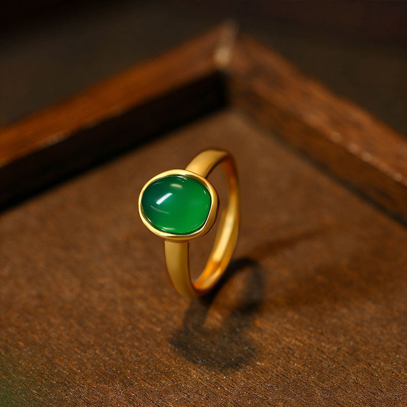 Gold Plated Retro Oval Geometric Emerald Inlay Opening Ring