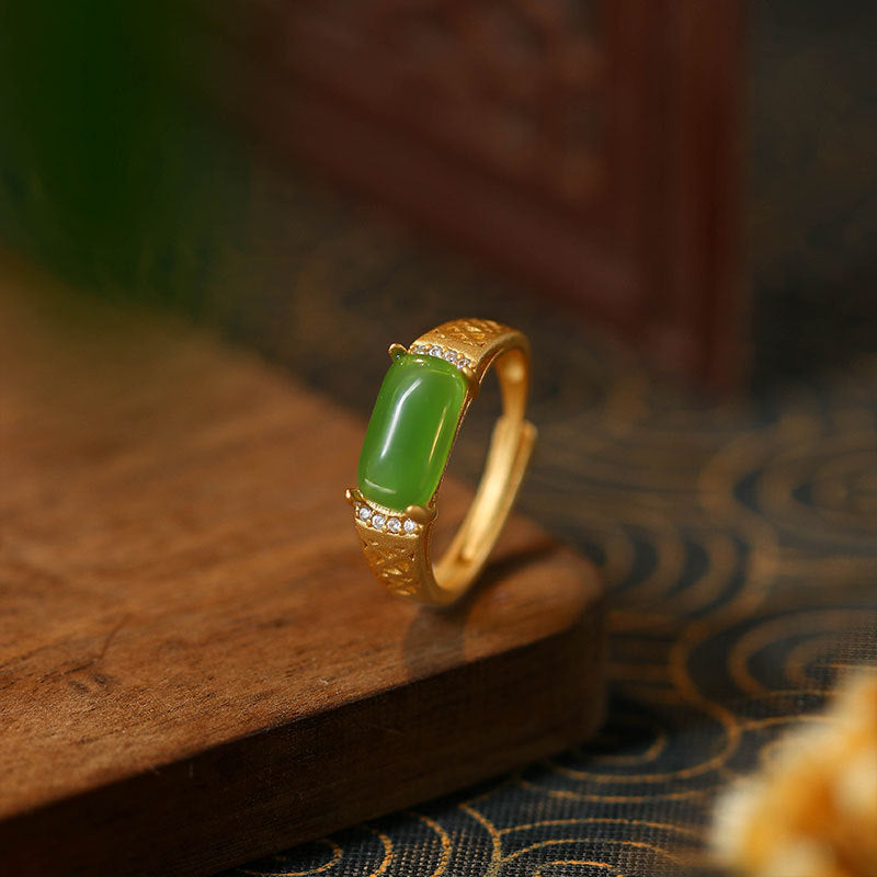 Gold Plated Imitation Hetian Jasper Hollow Saddle Ring for Women - Fashion Trendy
