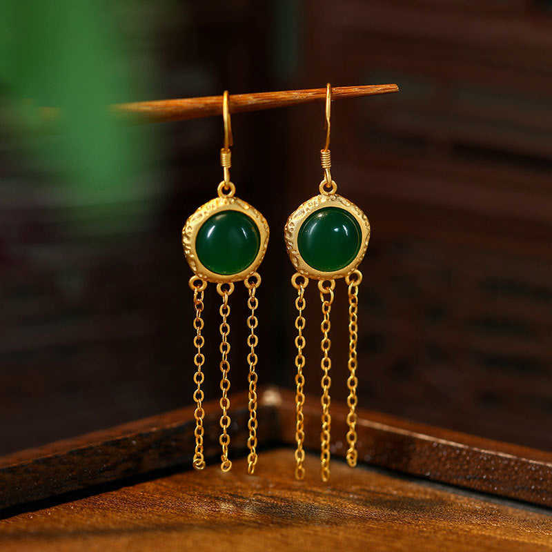 Artificial Imitation Hetian Jade Ping An Buckle Tassel Earrings