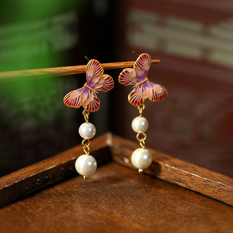 Elliform 925 Silver Needle Pearl Enamel Oil Drops Earrings, Butterfly Design