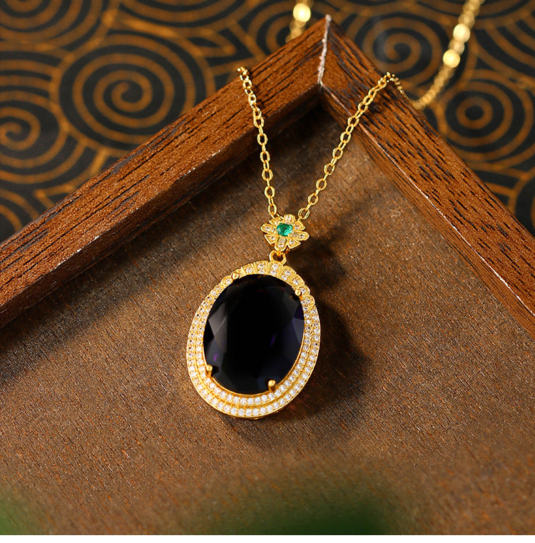 Retro Full Diamond Violet Gem Inlaid Oval Pendant Necklace