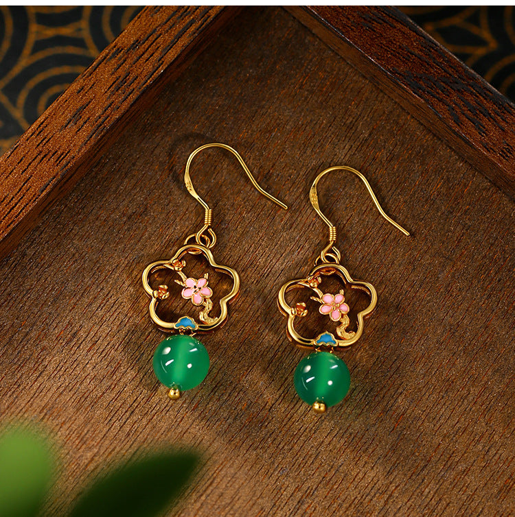Green Chalcedony Stud Earrings, Small Fresh Flower Design