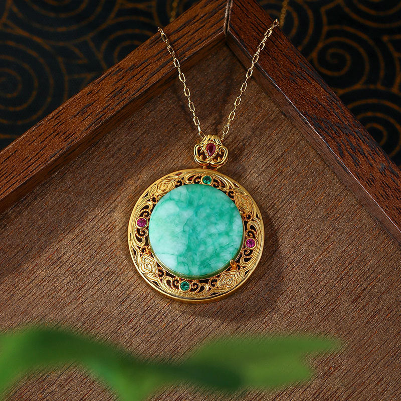 Gold-plated Inlaid Dry Green Imitation Jade Pendant Necklace