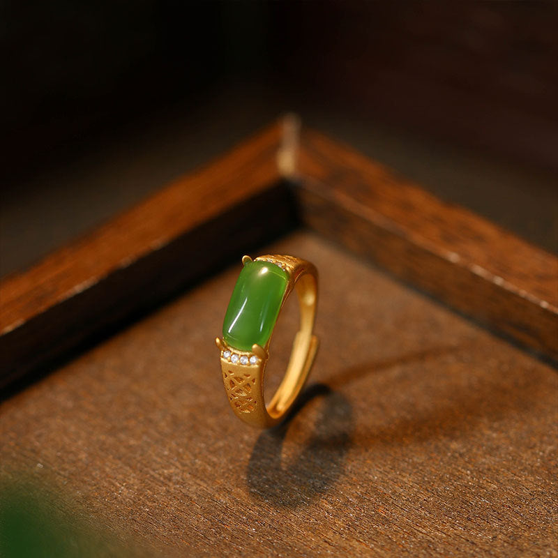 Gold Plated Imitation Hetian Jasper Hollow Saddle Ring for Women - Fashion Trendy