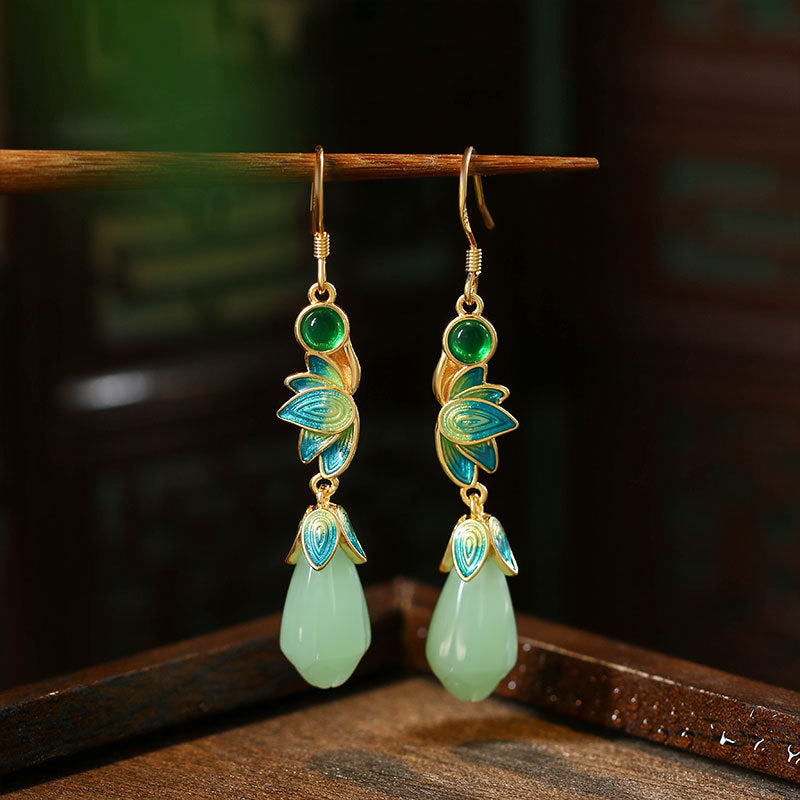 Mirror Enamel Glaze Imitation Jade Magnolia Earrings, Vintage Style