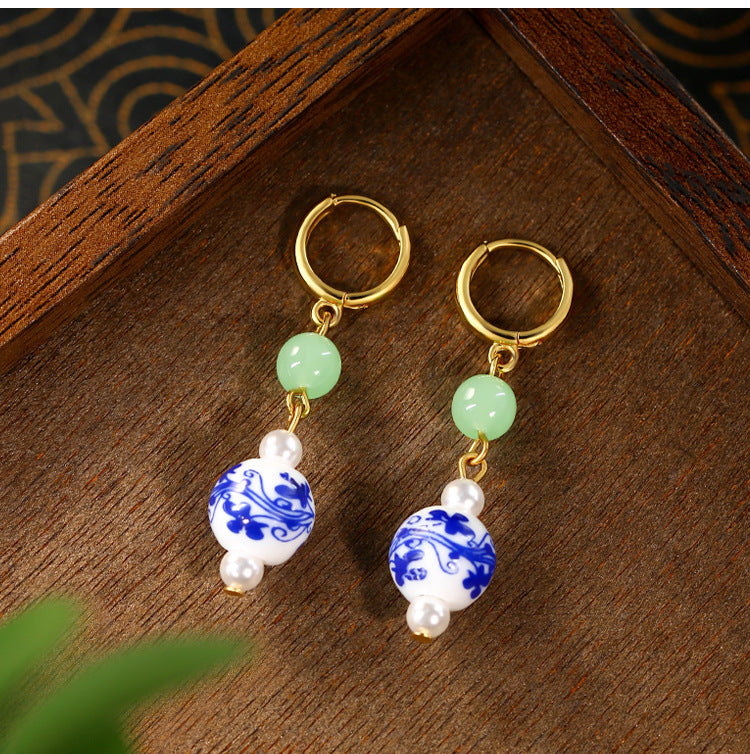 Blue and White Porcelain Earrings, Original Design, Handmade, Beaded