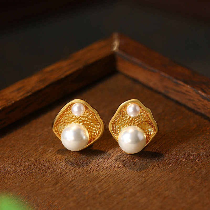 Gold Plated Irregular Diamond Pearl 925 Silver Needle Earrings