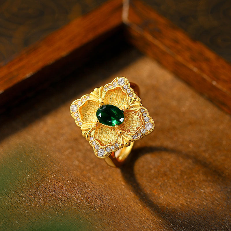 Real Gold Plated Italian Jewelry Ring with Vintage Imitation Panjshir Emerald Color