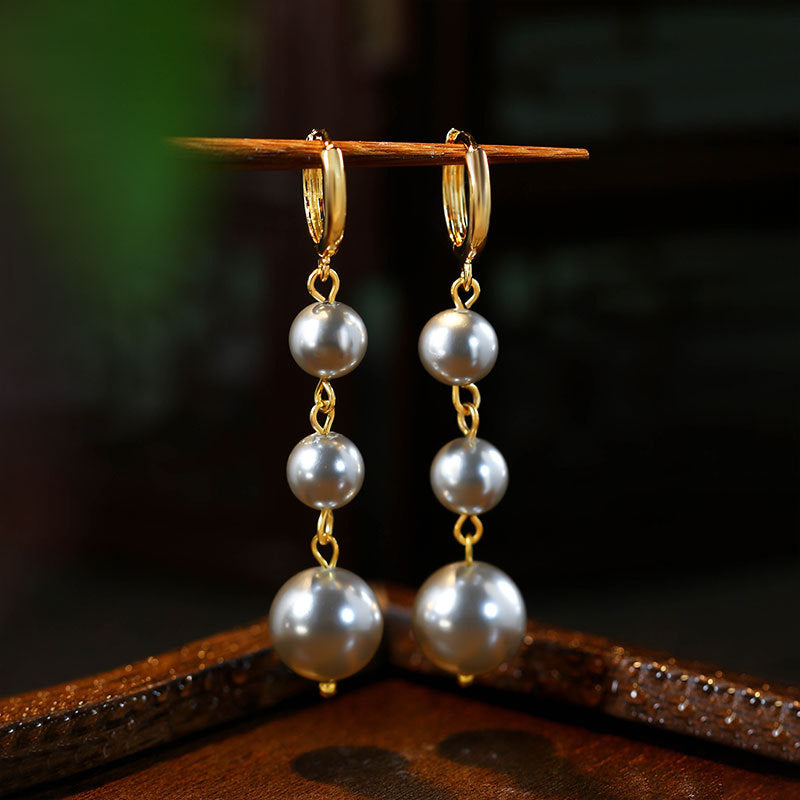 Shijia Pearl Light Luxury High Sense Beads Long Tassel Earrings