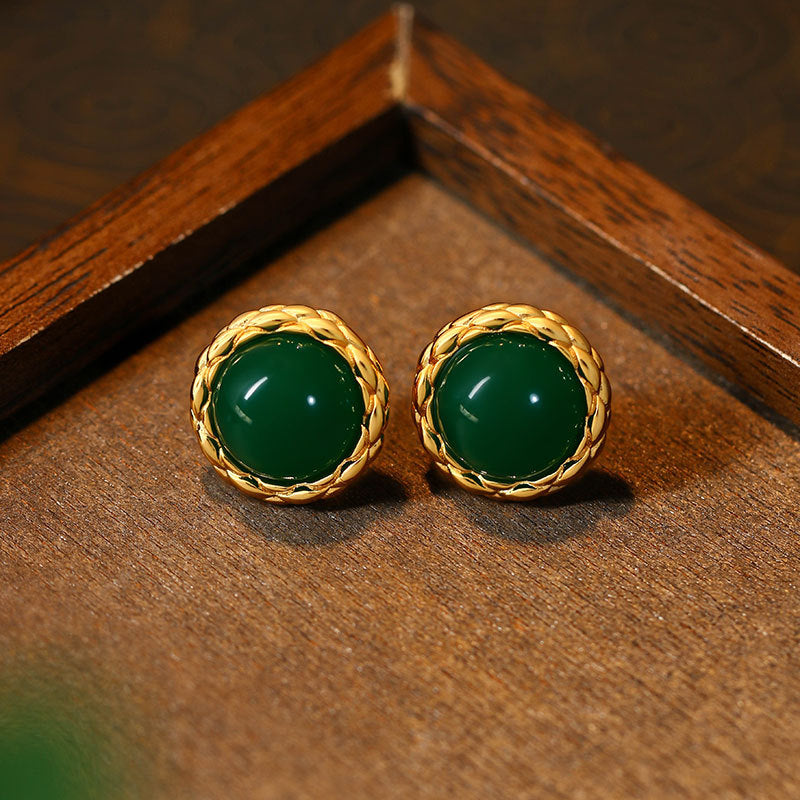 Vintage Emerald 925 Silver Button Pin Earrings with Diamond Style