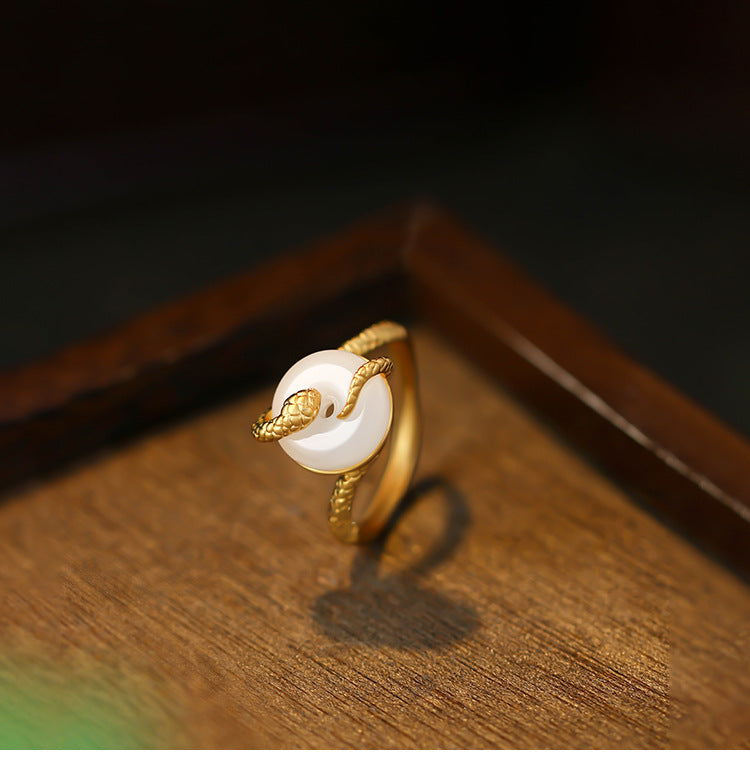 Little Red Book Style Spirit Snake Entangling Yuping Buckle Ring Donut Imitation Chalcedony Ring for Women