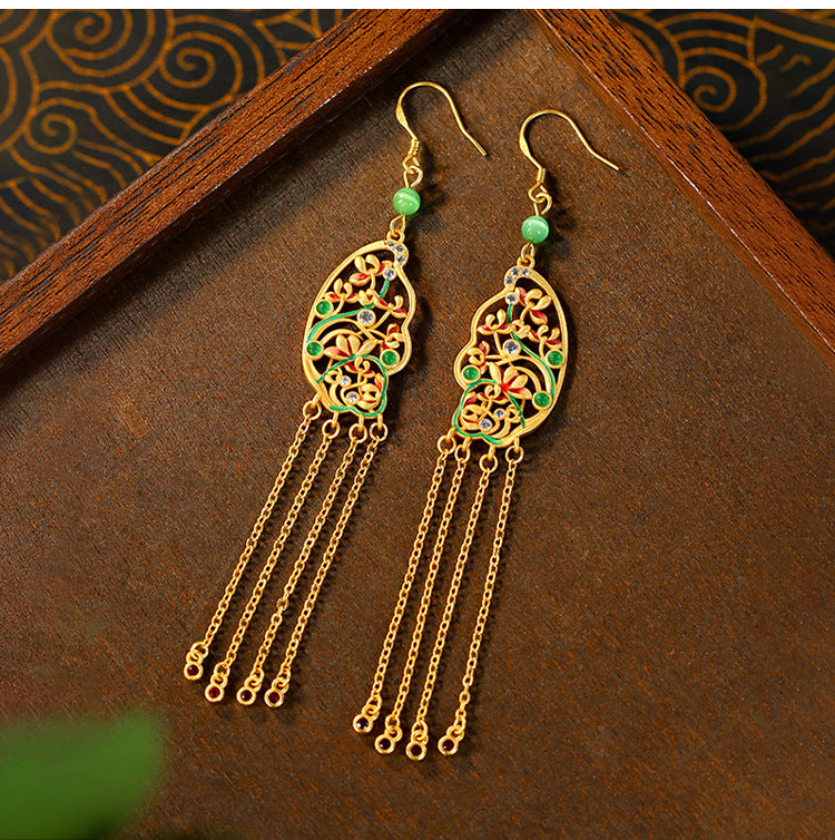 Original Design Enamel Colorful Flowers Brocade Trousers Tassel Earrings for Women