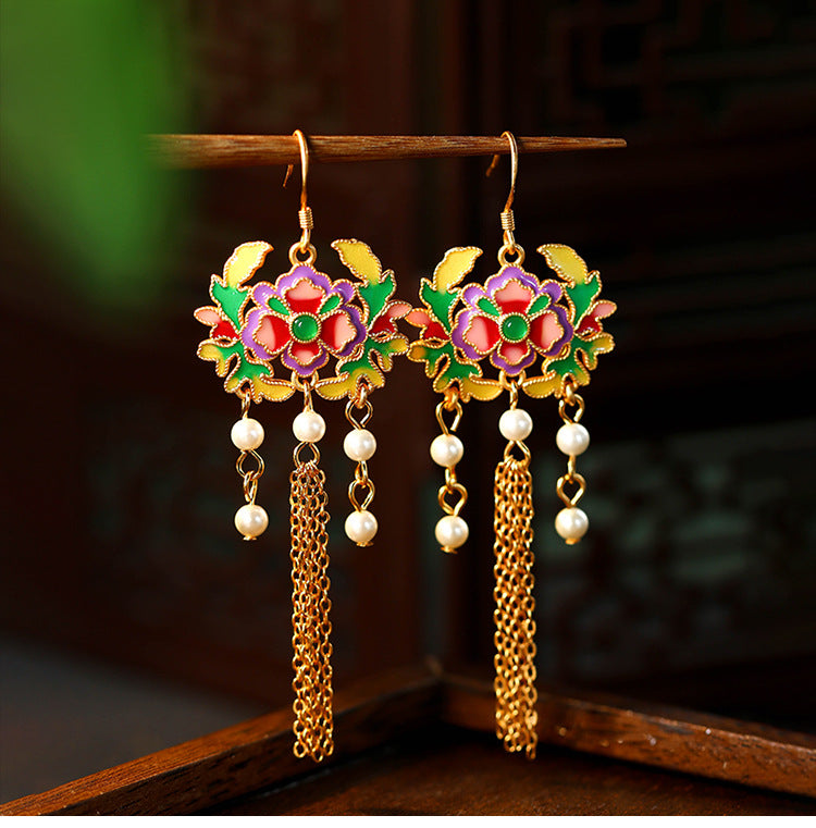 925 Silver Hand-made Enamel Blossom Tassel Pearl Earrings for Women