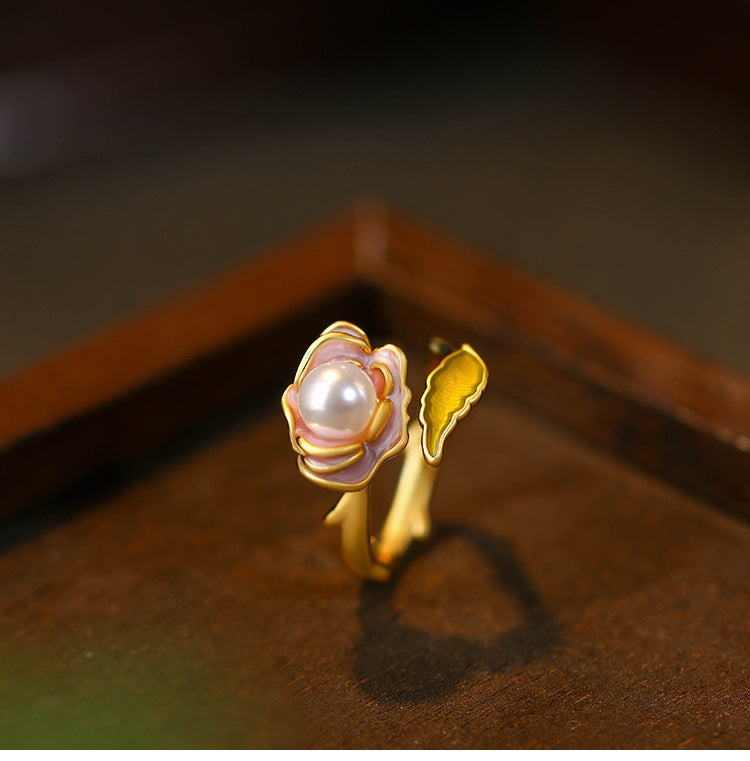 French Vintage Niche Pink Rose Oil Drop Ring with Crystal Pearl for Women