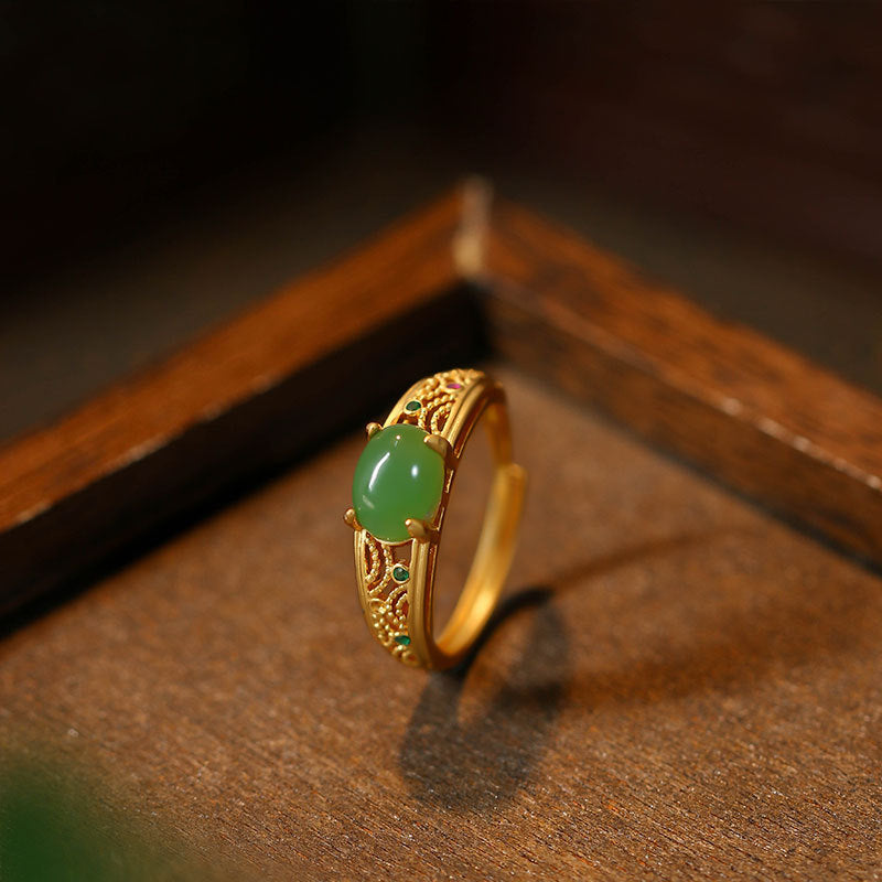 Royal Court Style Vintage Saddle Imitation Jasper Gold-plated Open Filament Finger Ring for Girls