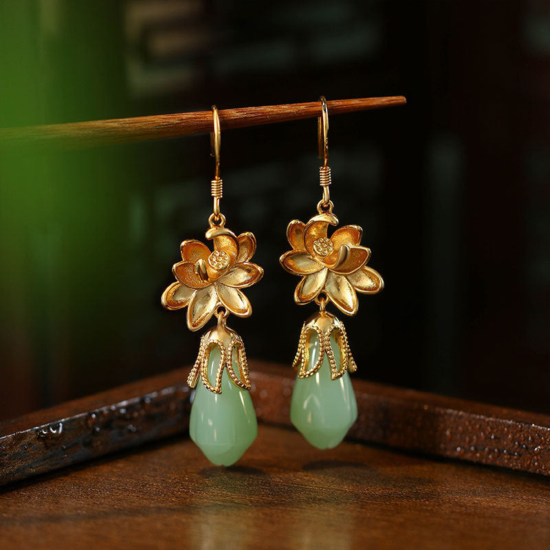 Gold-plated Imitation Hetian Jade Orchid Earrings for Cheongsam Hanfu