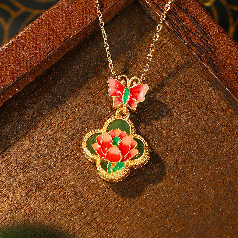 Real Gold Electroplating Butterfly Love Flower Enamel Imitation Jade Clavicle Necklace for Women