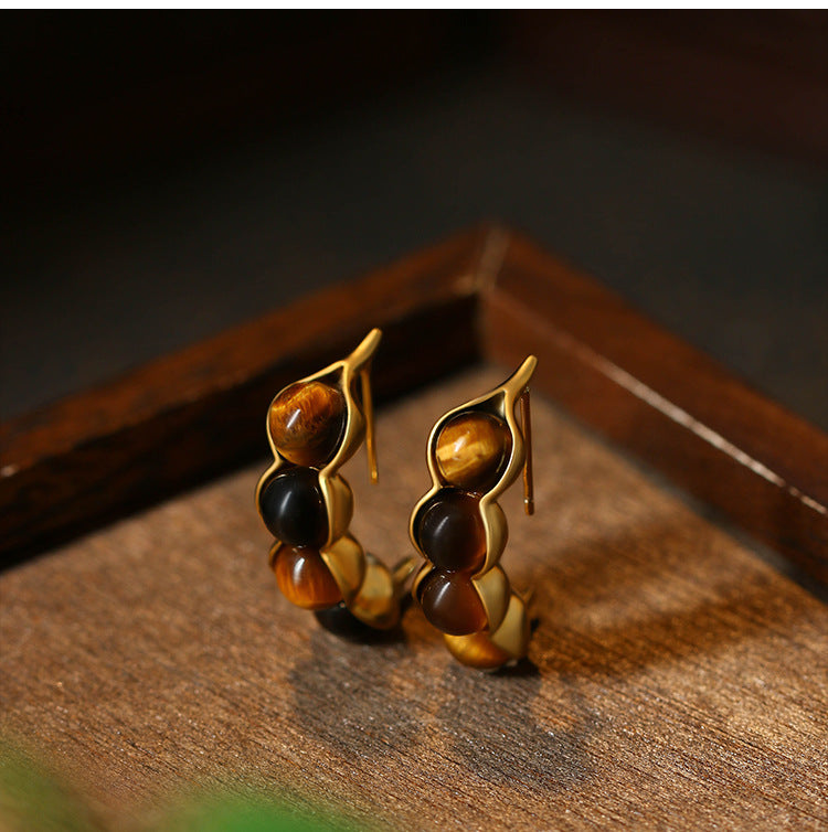 925 Silver Needle Natural Tiger's Eye Vintage Pea Earrings for Women