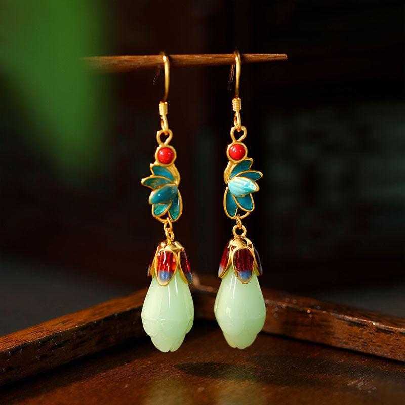 Enamel 925 Tremella Needle Magnolia Imitation Hetian Jade Earrings with Mirror Design