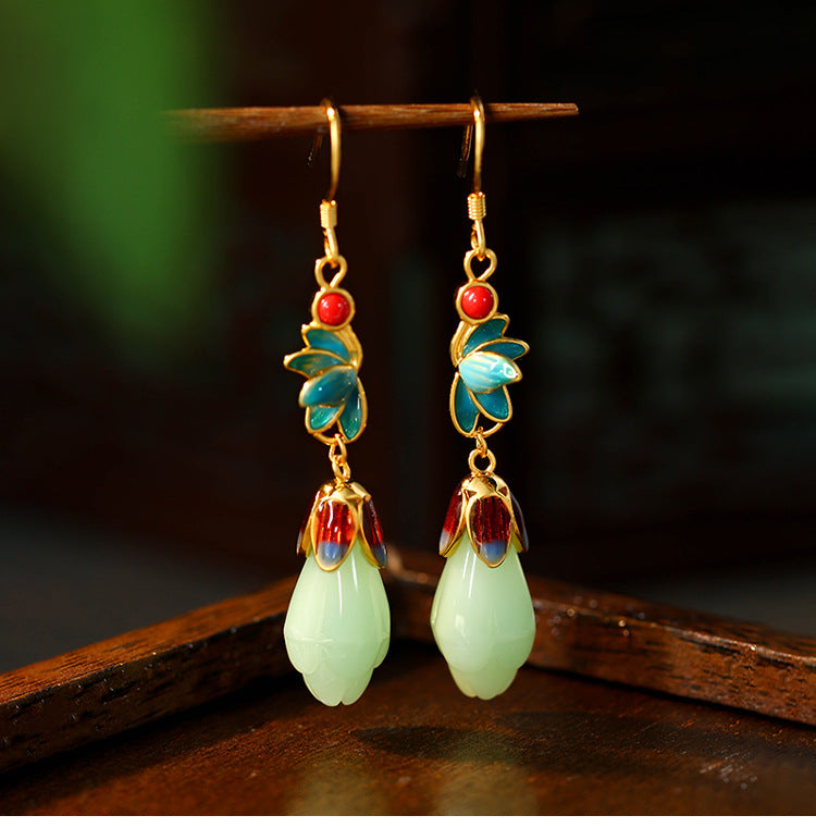 Enamel 925 Tremella Needle Magnolia Imitation Hetian Jade Earrings with Mirror Design