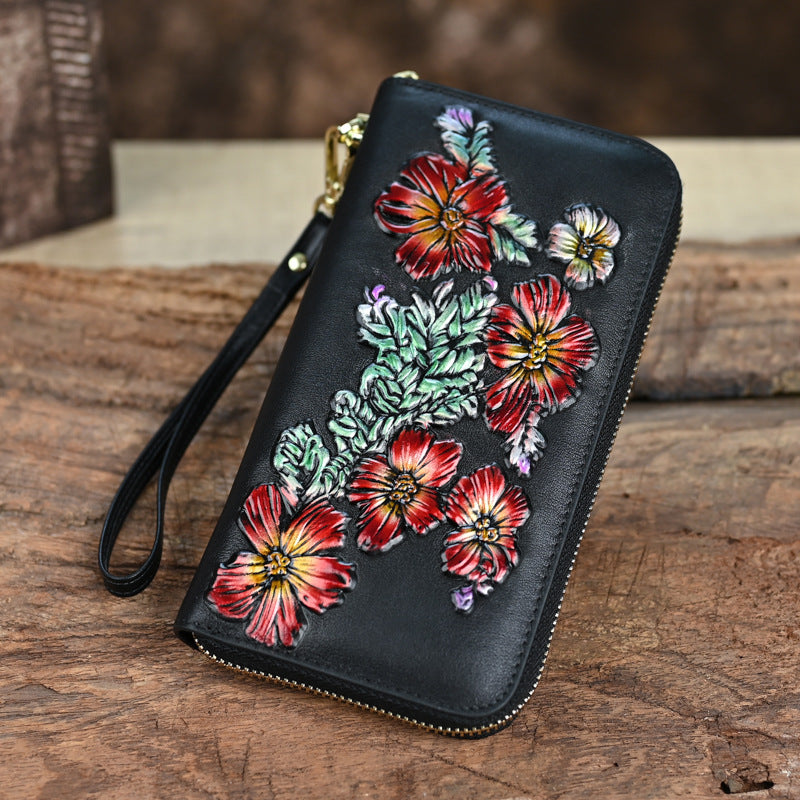 Vintage Genuine Leather Women's Wallet, Large Capacity, Multi Card, Embossed, Handmade, Zipper Bag