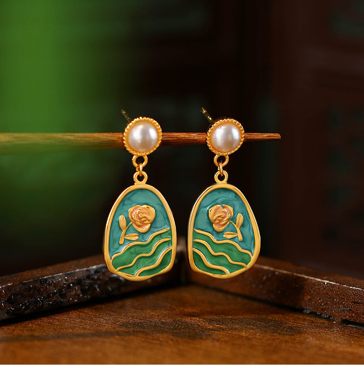 Vintage Enamel Oil Dropping Tulip Earrings, French Retro Art Style