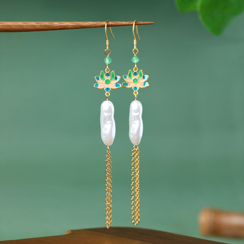 Lucky Lotus Baroque Pearl S925 Silver Needle Tassel Earrings