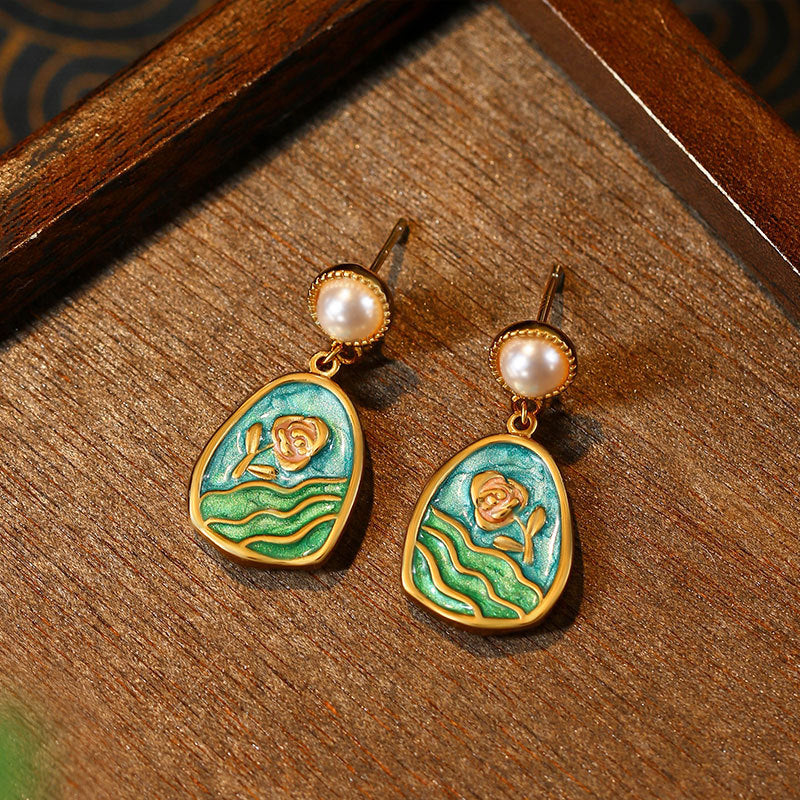 Vintage Enamel Oil Dropping Tulip Earrings, French Retro Art Style