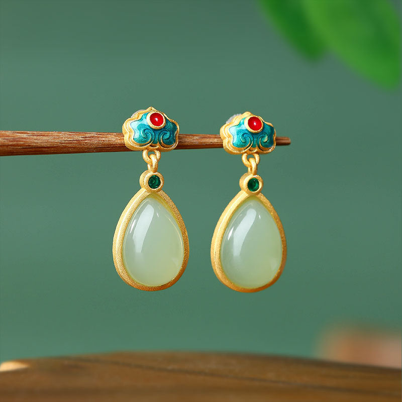 Gold-plated Imitation Hetian Jade Drop Earrings, Ethnic Retro Burned Blue Style