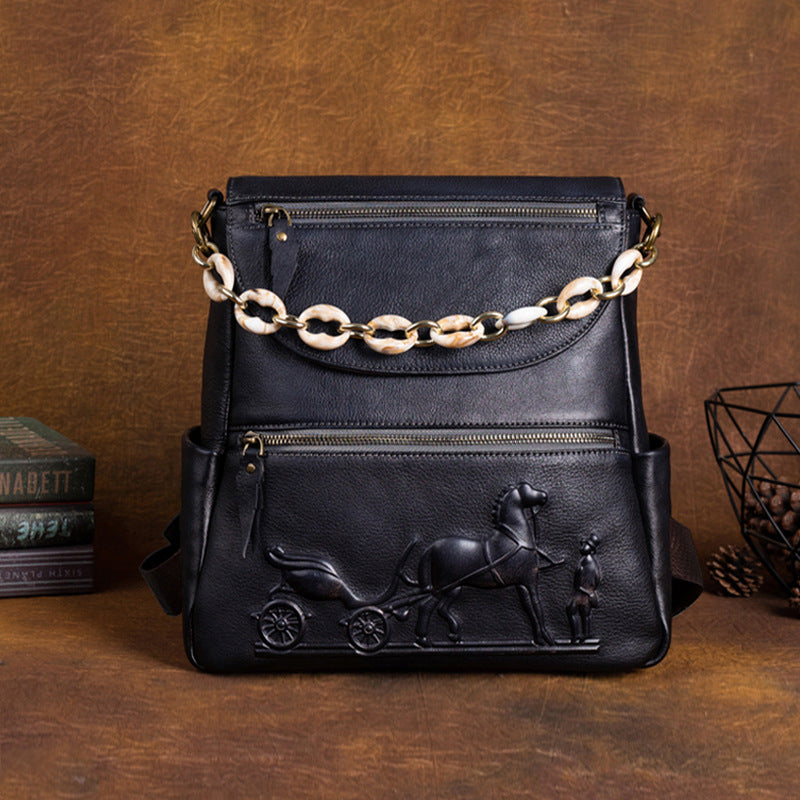 Top layer cowhide embossed handmade leather backpack