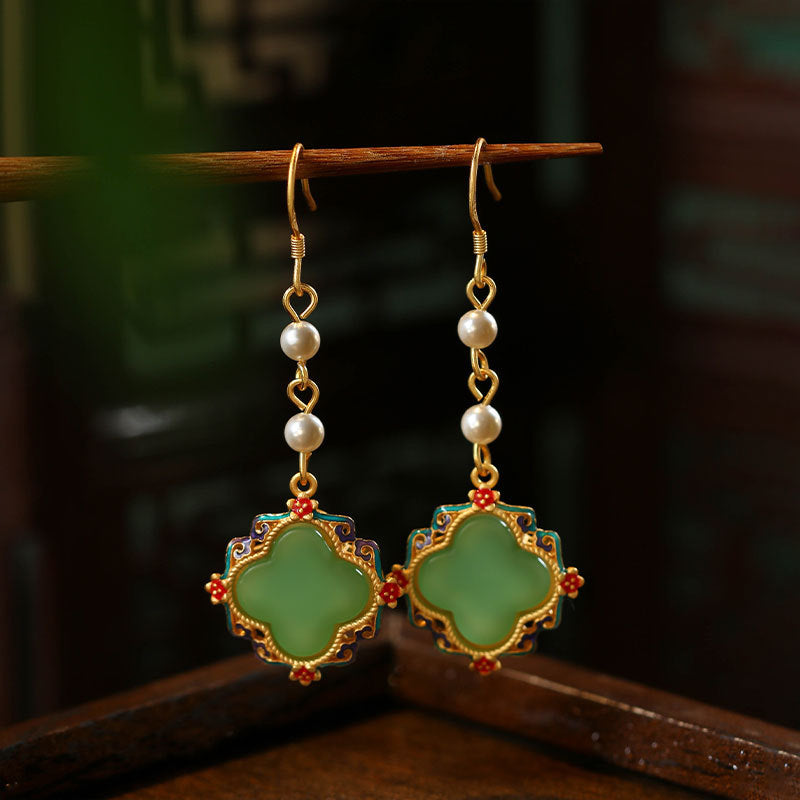 Palace Style Ancient Gold Plated Cold Enamel Four-leaf Clover Earrings