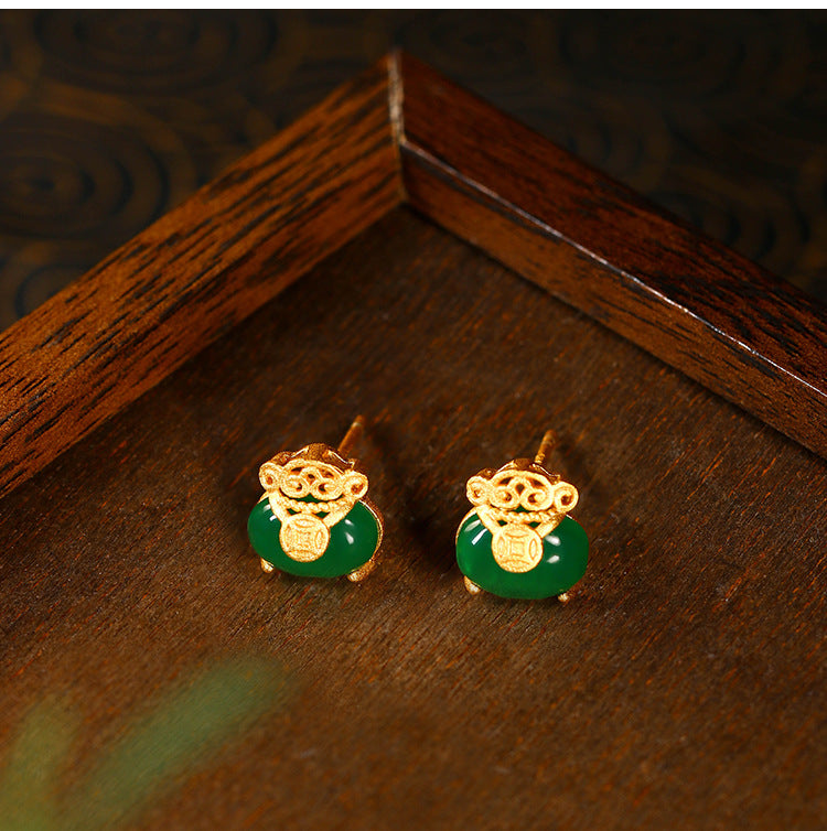 Gold Plated Qian Fu Bag 925 Silver Needle Chalcedony Copper Earrings for Women