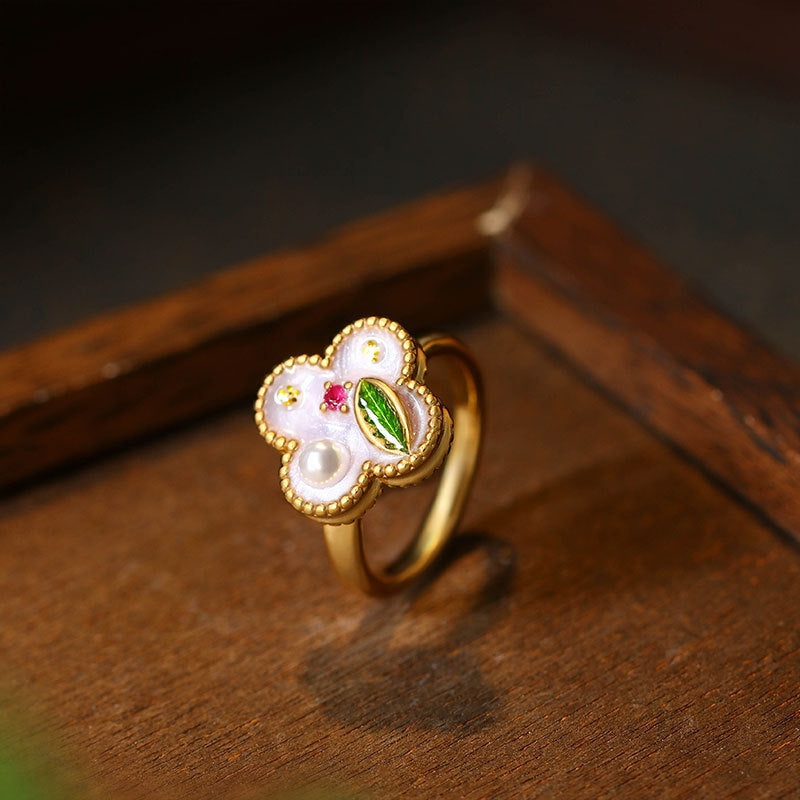 National Tide Enamel Four-leaf Clover Ring with Original Design