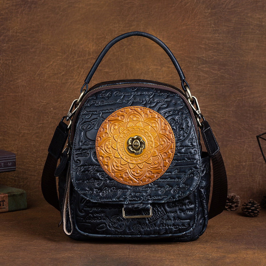 First layer cowhide multi-purpose shoulder bag, vegetable tanned leather, embossed design