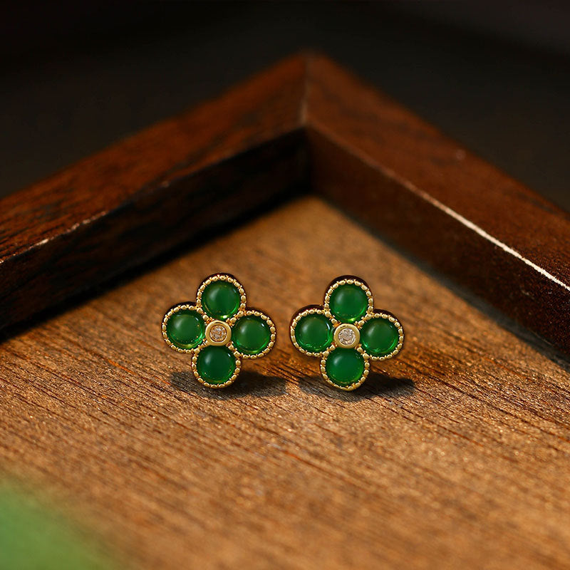 925 Silver Needle Plated Imitation Gold Emerald Four-leaf Clover Round Bead Earrings for Women
