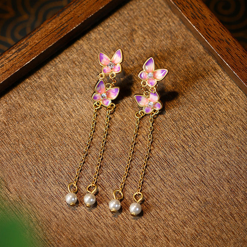 925 Silver Needle Tassel Pearl Butterfly Earrings for Women