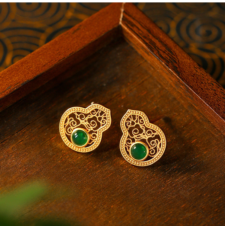 Gourd Fulu Hollow Filament Emerald Earrings - Fashionable and Versatile