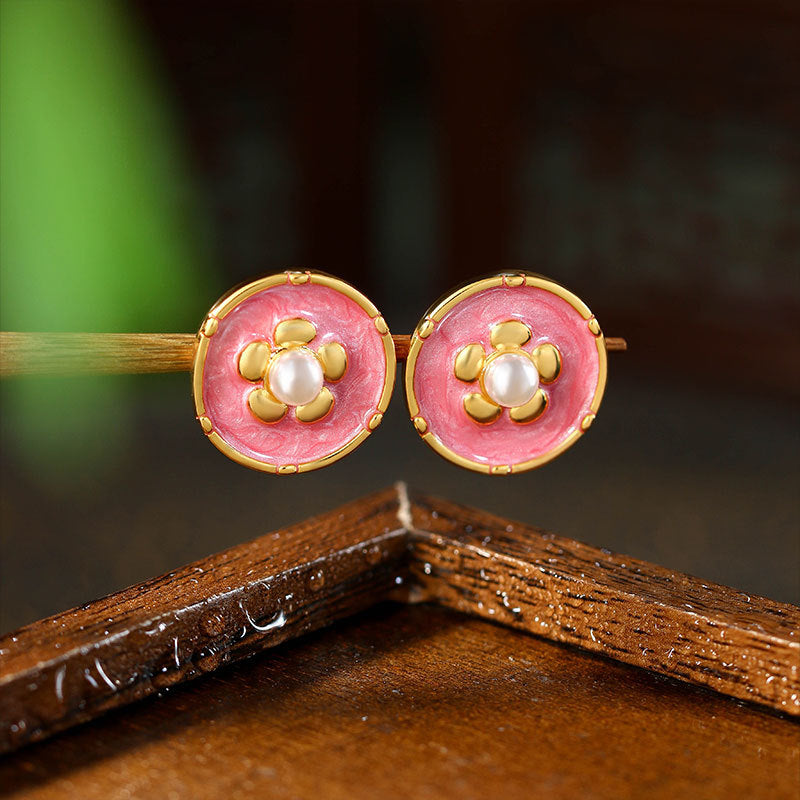 Vintage Silver Needle Camellia Imitation Pearl Ear Studs for Women