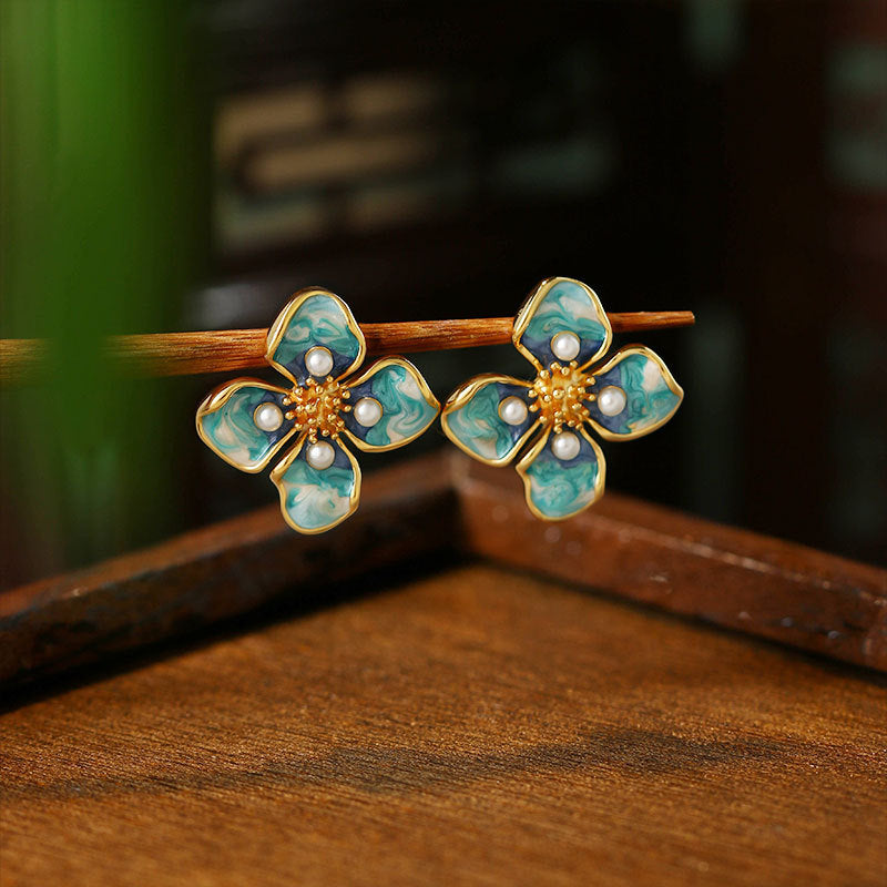 Real Gold Plated French Enamel Flower Ear Studs, Retro Design