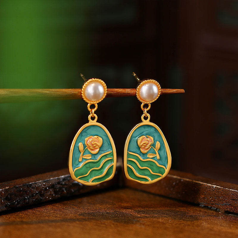 Vintage Enamel Oil Dropping Tulip Earrings, French Retro Art Style