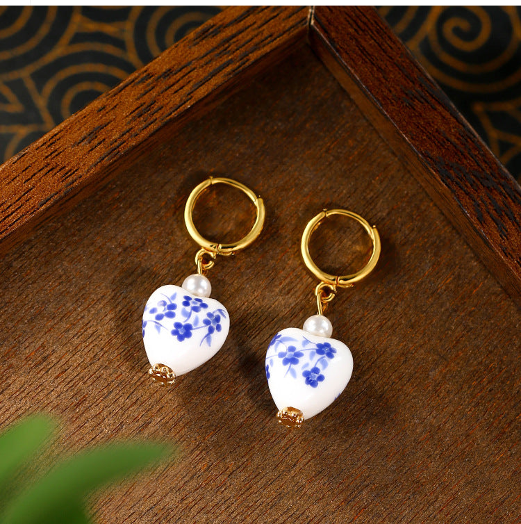 Blue and White Porcelain Pearl Earrings for Women