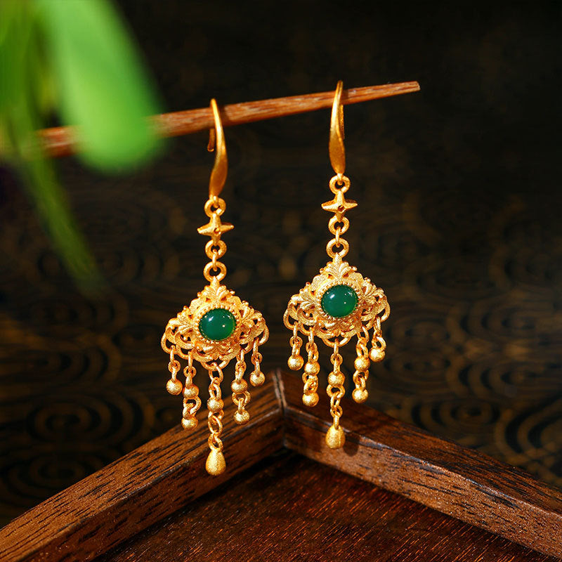 Gold Plated Jade Tassel Long Earrings with Classical Design