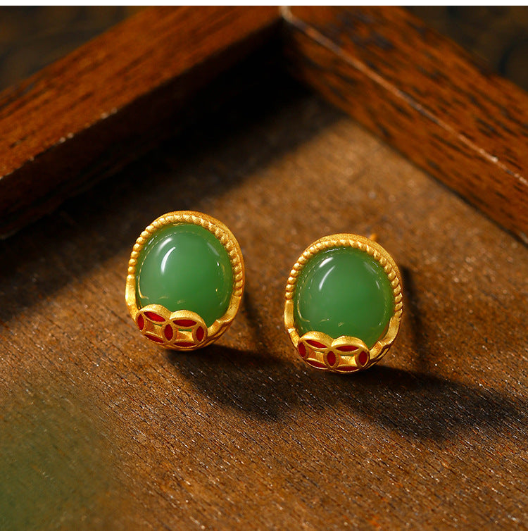 Antique Fortune Rolling Imitation Jade Long Earrings, Niche Fashion