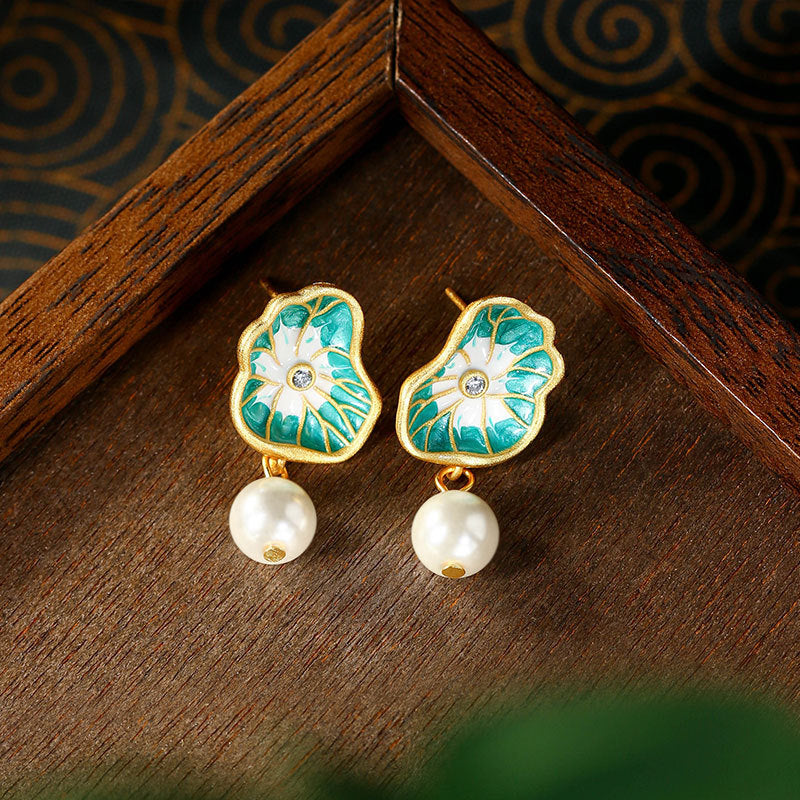925 Silver Needle Earrings with Colorful Enamel, Faux Shellfish Pearl and Lotus Leaf Design for Women