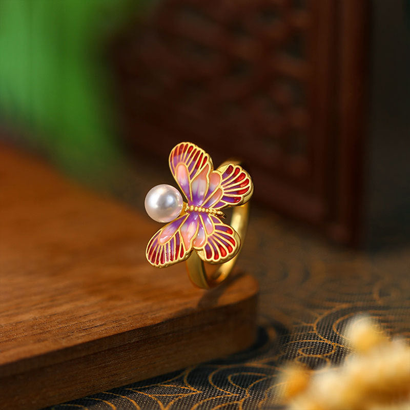Enamel Oil Drop Pink Butterfly Shape Adjustable Pearl Ring