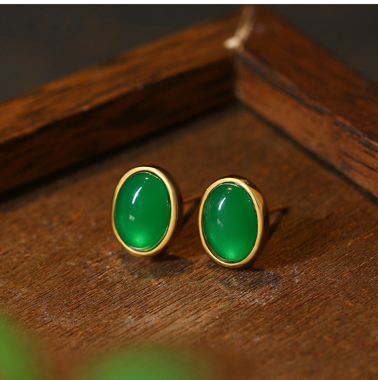 Ayr Rim 925 Silver Imitation Green Agate Needle Earrings, Japanese-Korean Style