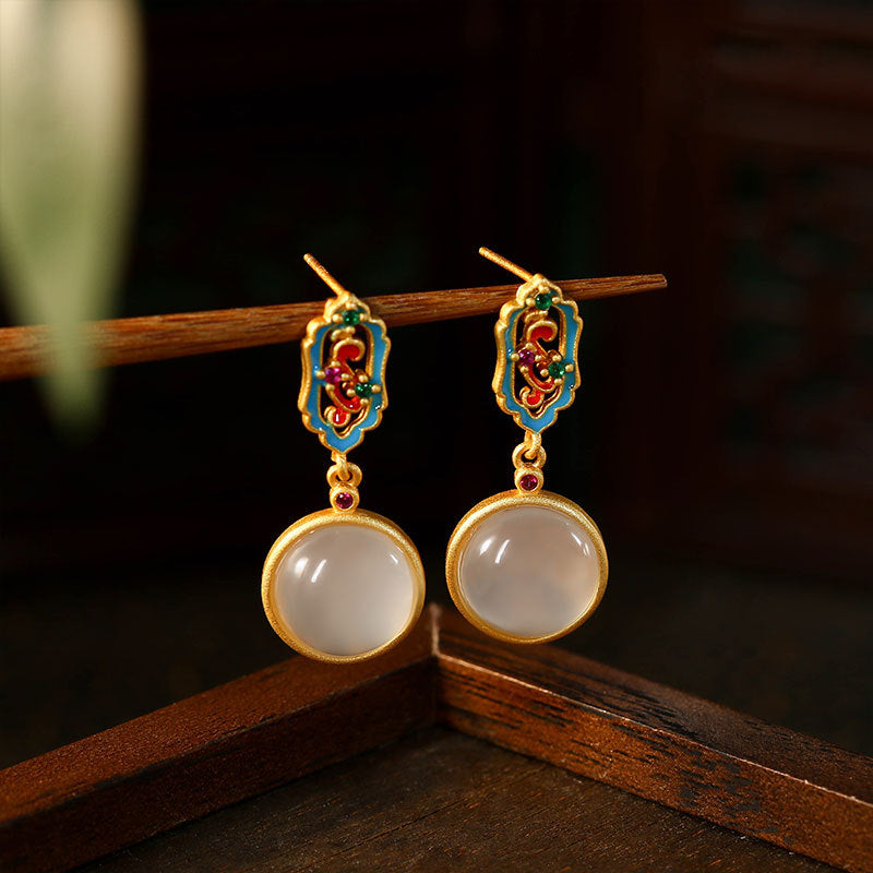 Enamel Glaze Inlaid Natural Chalcedony Round 925 Silver Needle Earrings