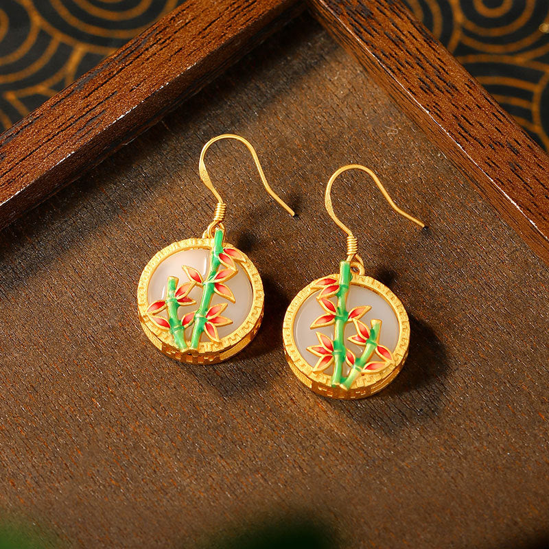 925 Silver Needle Enamel Bamboo Peace Ear Hook Earrings for Women